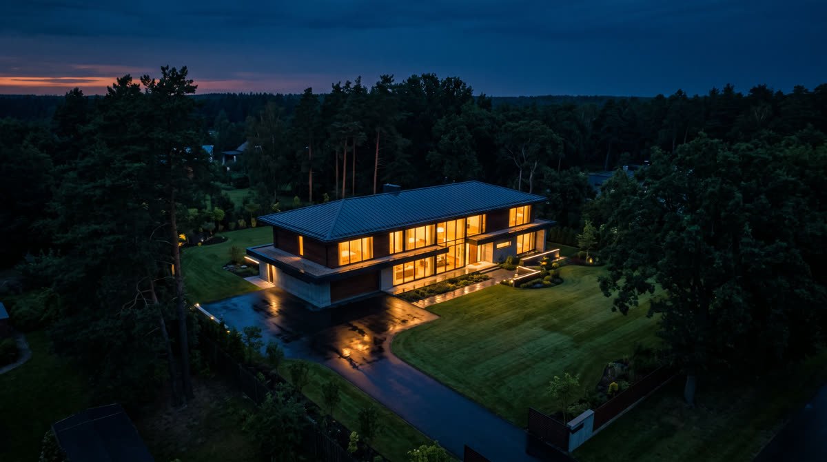 A drone view of a lit home at dusk, seen from above the treeline