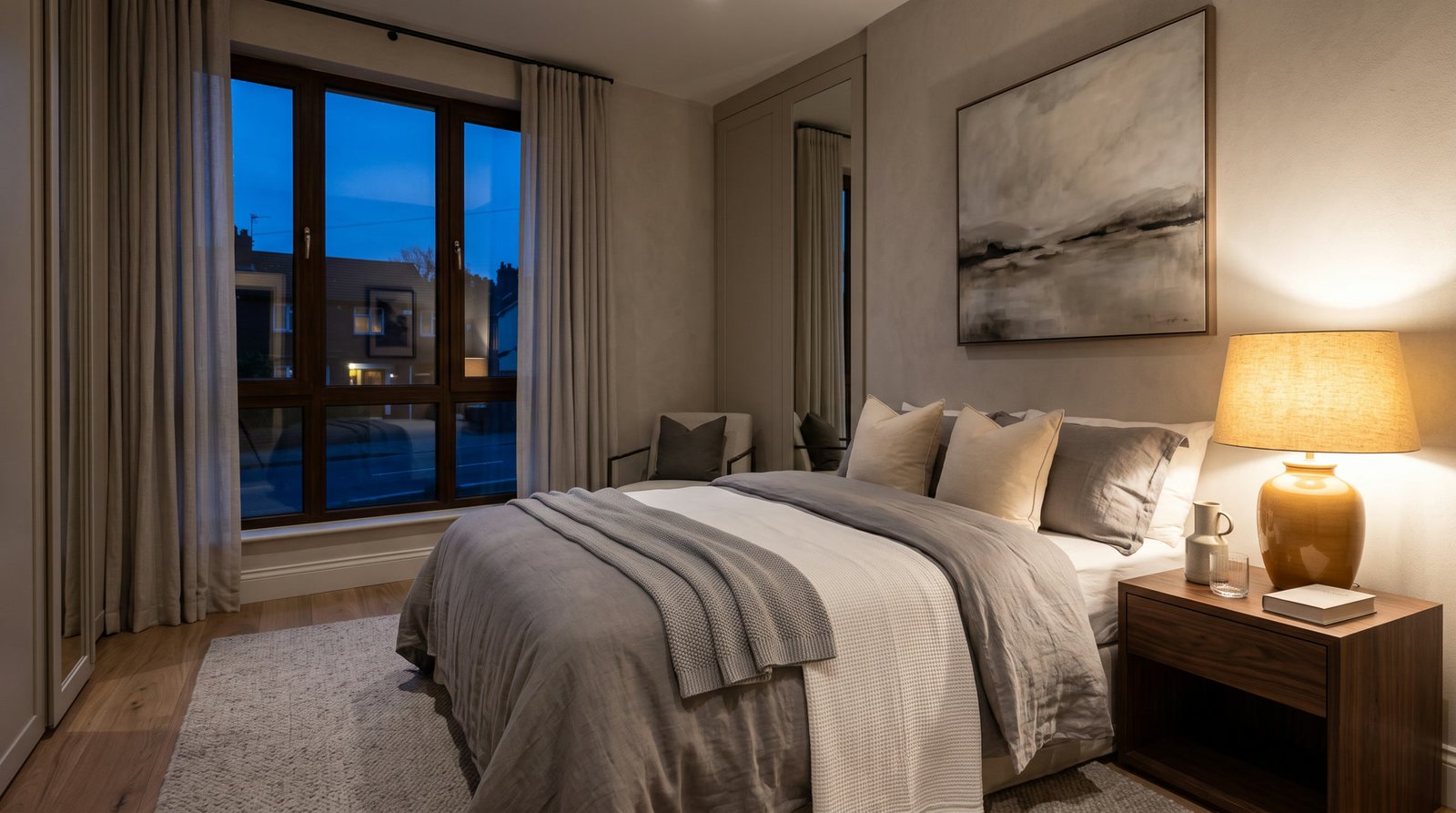 A staged bedroom at dusk, one warm lamp on
